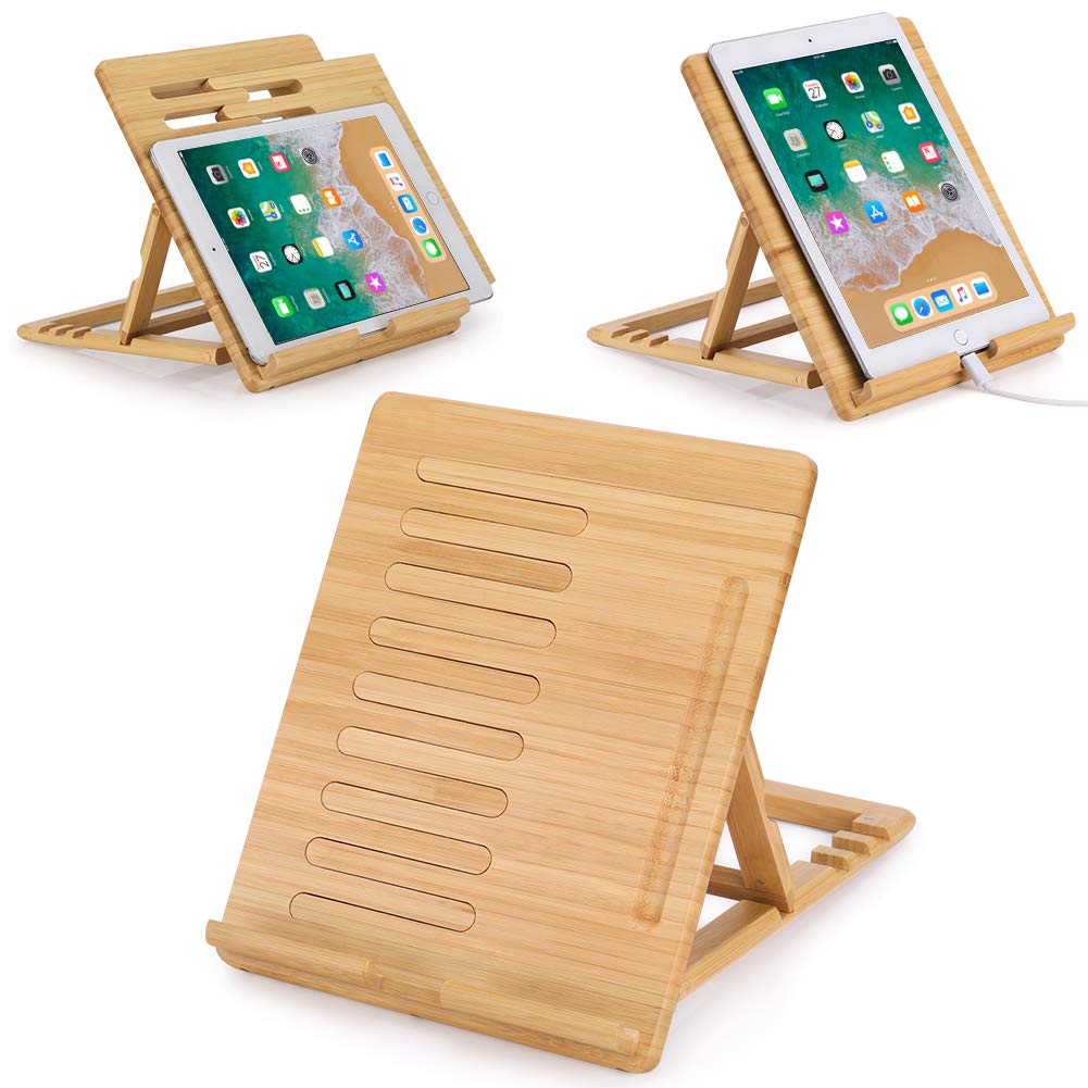 Bamboo Book Stand Book Holder Stand for Reading Hands Free, Adjustable Cookbook Stand and Holder, Expandable Book Stand for Textbooks, iPad, Kindle, and Other Tablets