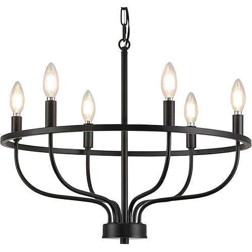 6 Light Modern Farmhouse Black Chandelier Light Fixture,Dining Room Chandelier Over Table,Matte Round Candle Ceiling Pendant Chandelier for Entryway Foyer Bedroom Kitchen Living Room