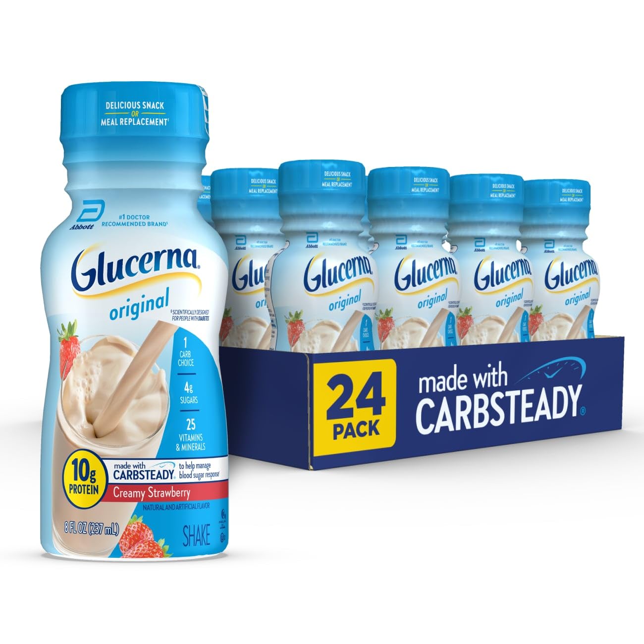 GlucernaOriginal Diabetes Care Shake, Creamy Strawberry, Diabetic Meal Replacement to Support Blood Sugar Management, 10g Protein, 180 Calories, Ready to Drink, 8-fl-oz Bottle, 24 Pack