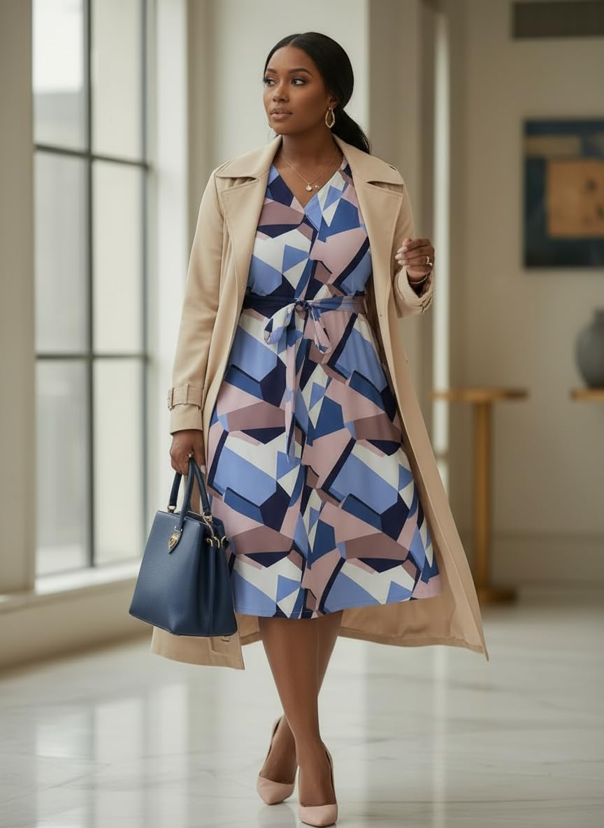 FANDEE Plus Size Midi Dress for Women - Printing Summer Dresses for Wedding Guest Cocktail Party 3/4 Sleeve V Neck(L-5XL) - Image 8