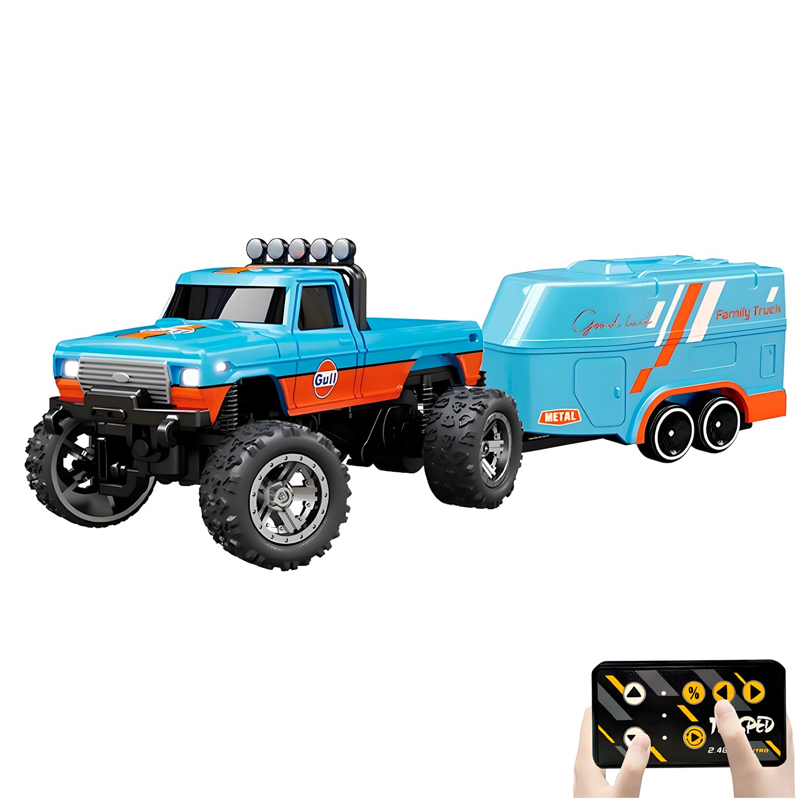 Flashstar Mini Rc Truck, 1:64 Scale Monster Truck Remote Control Car with Lights, 2.4Ghz Remote Control, Speed/Steering Adjustable (Blue-A)