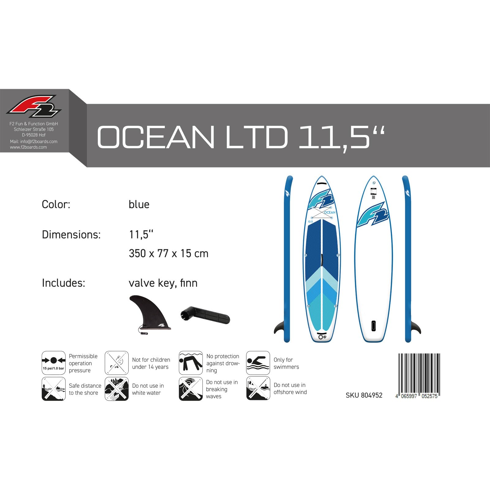 F2 Stand up Paddle Board Ocean LTD SUP Board Only Größe wählbar Blau, neues Modell 2025, stabiles Stand Up Paddling Board, aufblasbar, 3 Finnen System