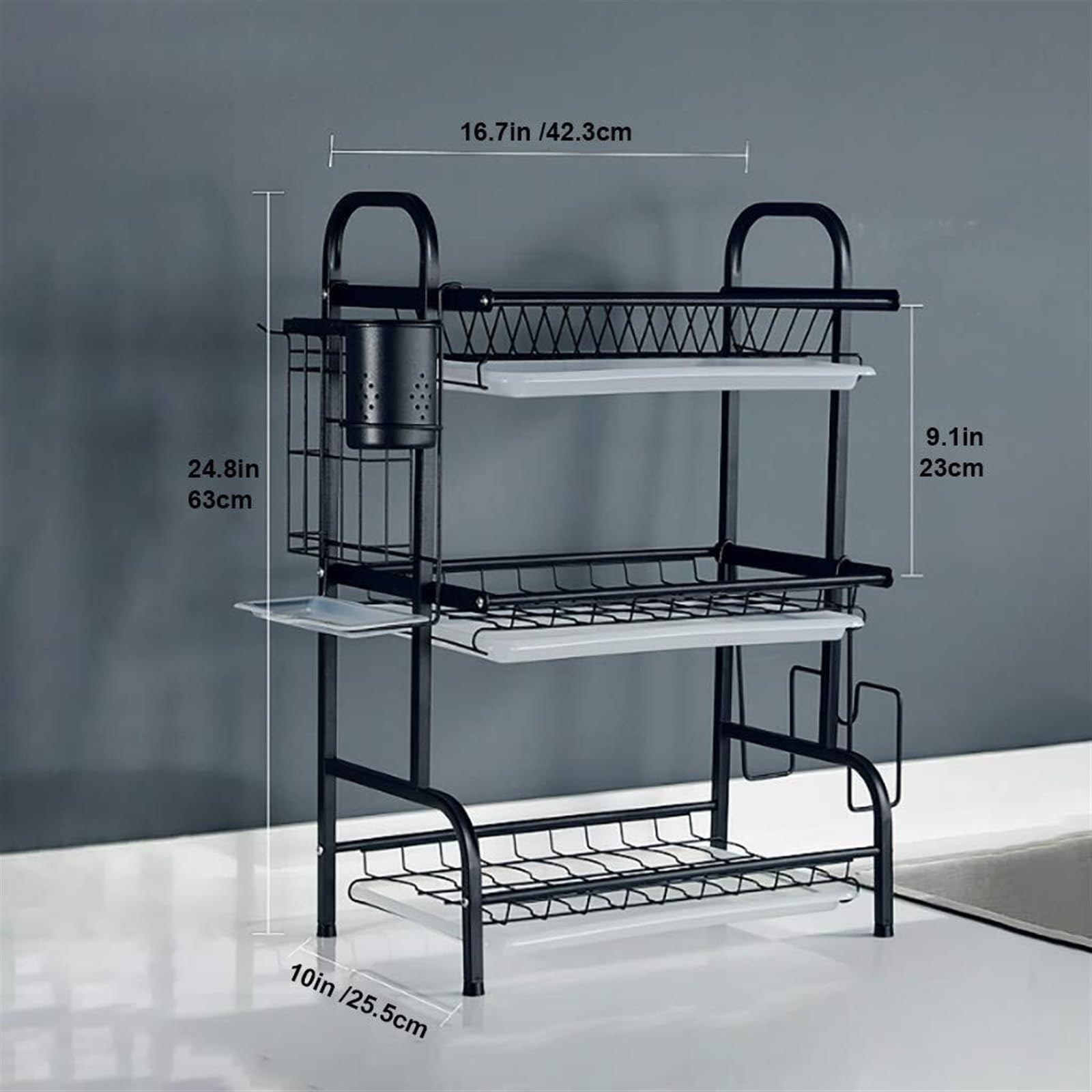 Escurreplatos Rejilla para Secar Platos De 3 Niveles, Acero Inoxidable, con Soportes para Utensilios, Cuchillos Y Tablas Cortar Organizador De Platos(with Side Holders)