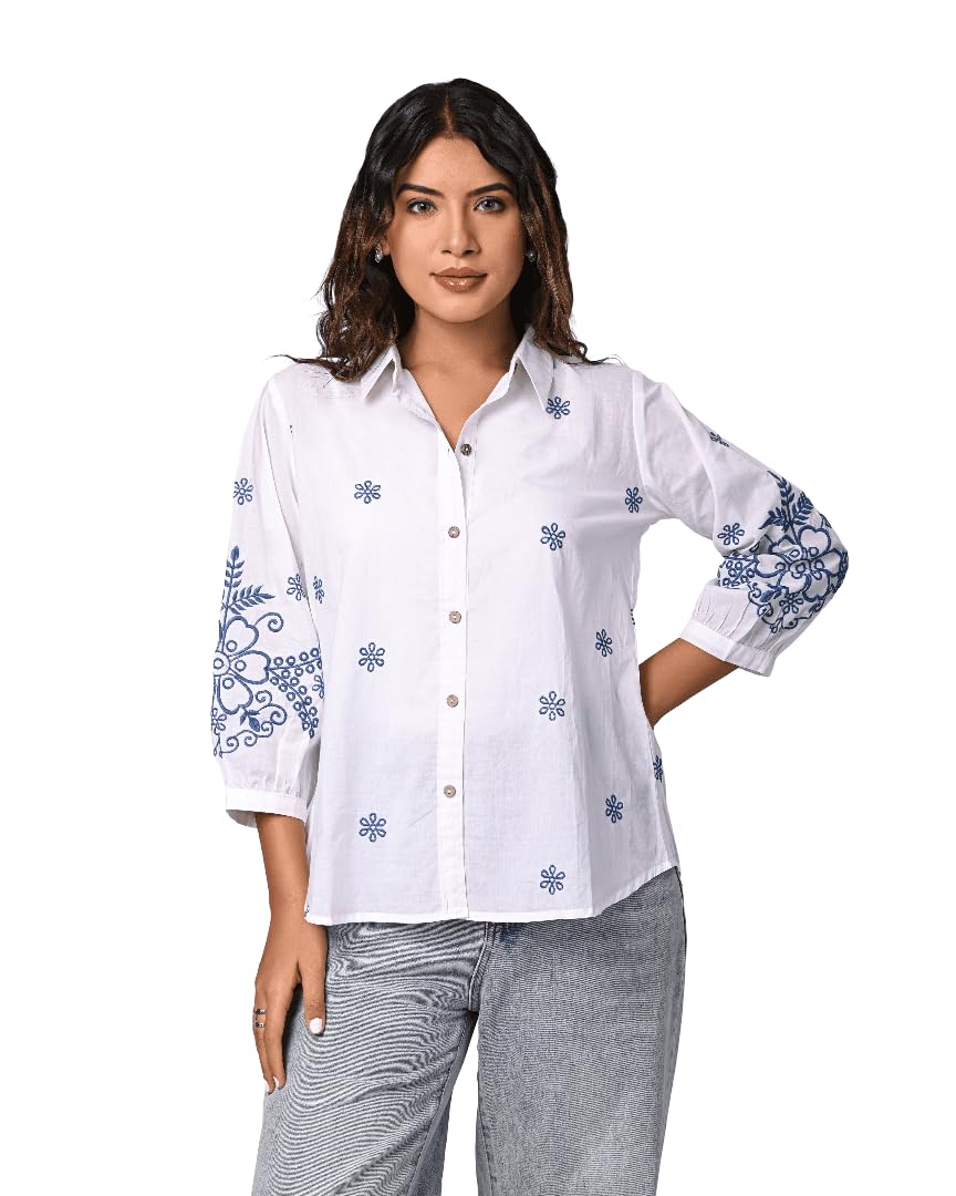 zolo label Elegant White Button-Down Shirt with Blue Floral Detailing-picture-52