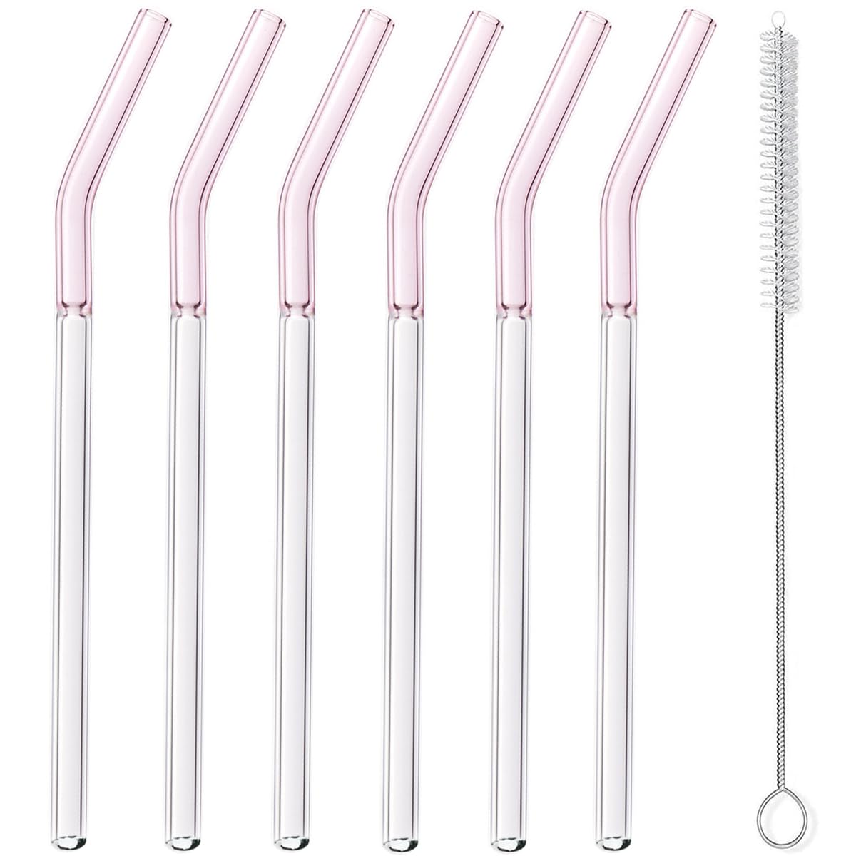 Reusable 6 Pack Borosilicate Glass Straws with Cleaning Brush, Heat Resistant for Hot & Cold Drinks, Eco-Friendly Drinking Straws for Home/Café/Party(Pink)