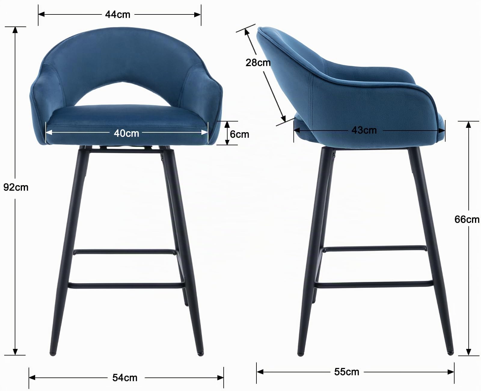 Ya-Home Chaise Bar Pivotant Lot de 2 en Velours, Bleu | Tabourets de Bar avec 4 Pieds en Métal, Tabouret de Comptoir Moderne, Chaises Haute pour Cuisine/Bar/Salon