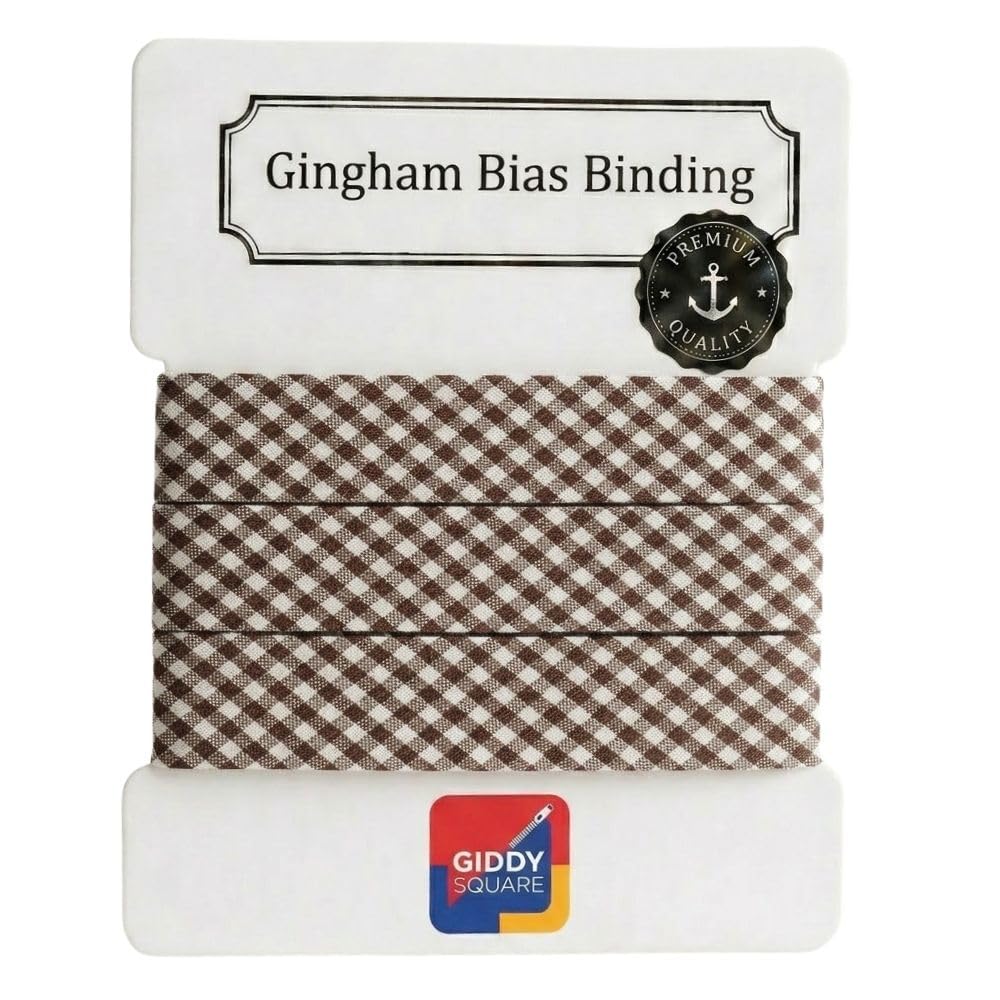 Premium Yarn Dyed Polycotton Gingham Bias Binding Tape 20mm Brown Large Gingham 10m - Strong Smooth Hardwearing Woven Check Trim for Quiting & Garment Edging- Machine Washable - Giddy Square