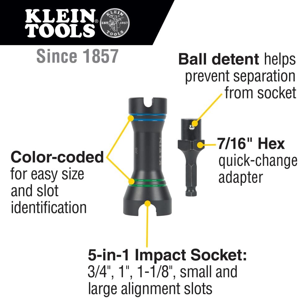 Klein Tools NRHDM 5-In-1 Mini Impact Socket Set, 1/4-Inch, 1-Inch, 1-1/8-Inch Triple Square Bit Socket with Small and Large Alignment Slots