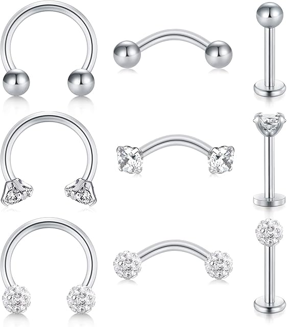LAURITAMI 9-24pcs Cartilage Helix Tragus Earrings Rings Studs Surgical Steel CZ Pearl 8mm 16G Curved Barbell Horseshoe Hoops Lip Labret Piercing Jewellery