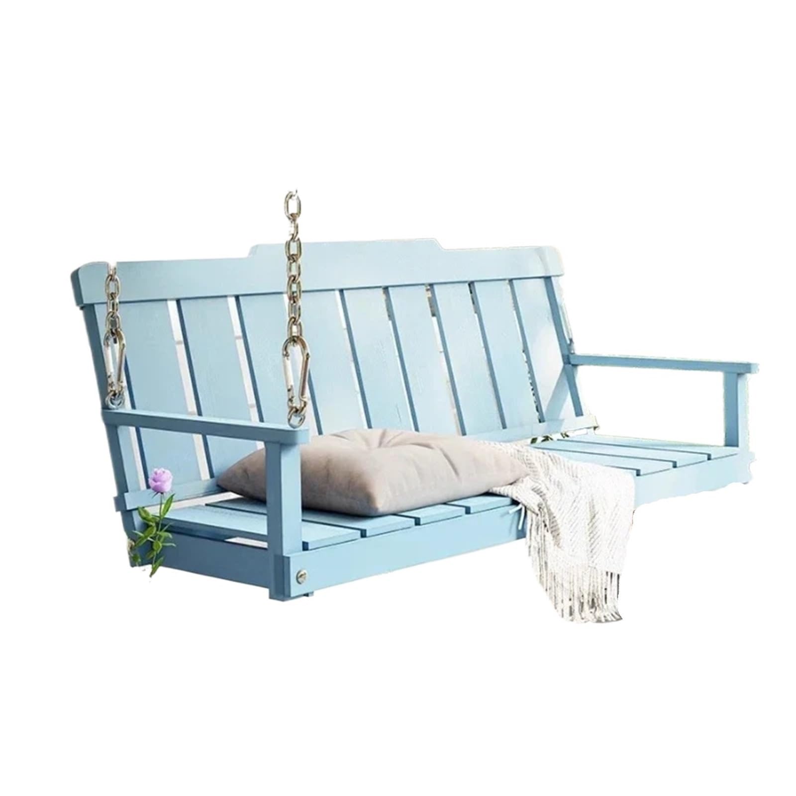 Wooden Swing Bench Unch-free Patio Swings Indoor Double Balcony Hanging Basket Chair Leisure Area Garden Courtyard Swing(150CM Blue-Chain 5m)