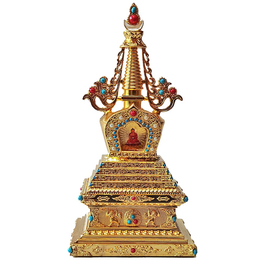 zenmood Stupa tibetana de aleación de aluminio dorado, 24 cm, decoración de santuario budista con incrustaciones de piedras preciosas intrincadas