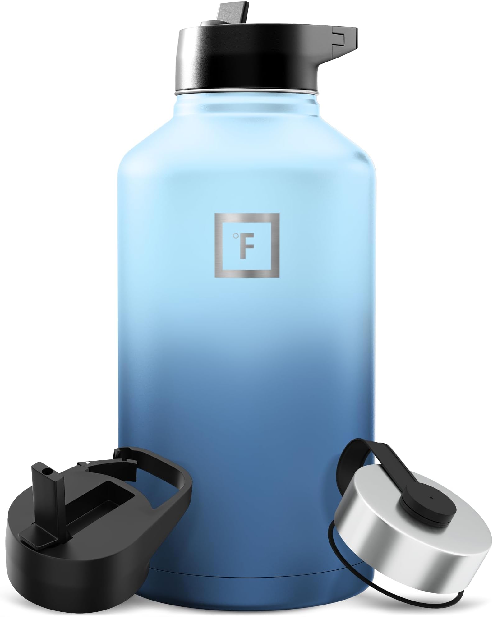 IRON °FLASK Camping & Hiking Hydration Flask with Straw, Wide Mouth Insulated Stainless Steel Sports Water Bottle - 64 oz Blue Waves