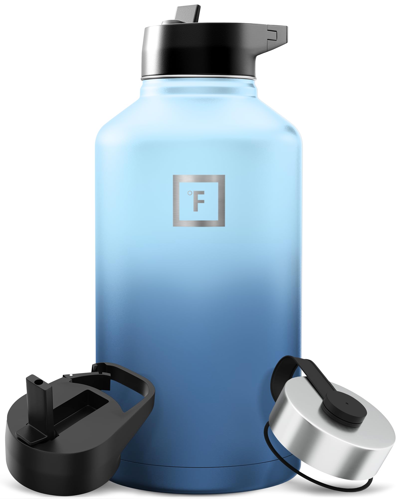 IRON °FLASK Camping & Hiking Hydration Flask with Straw, Wide Mouth Insulated Stainless Steel Sports Water Bottle - 64 oz Blue Waves