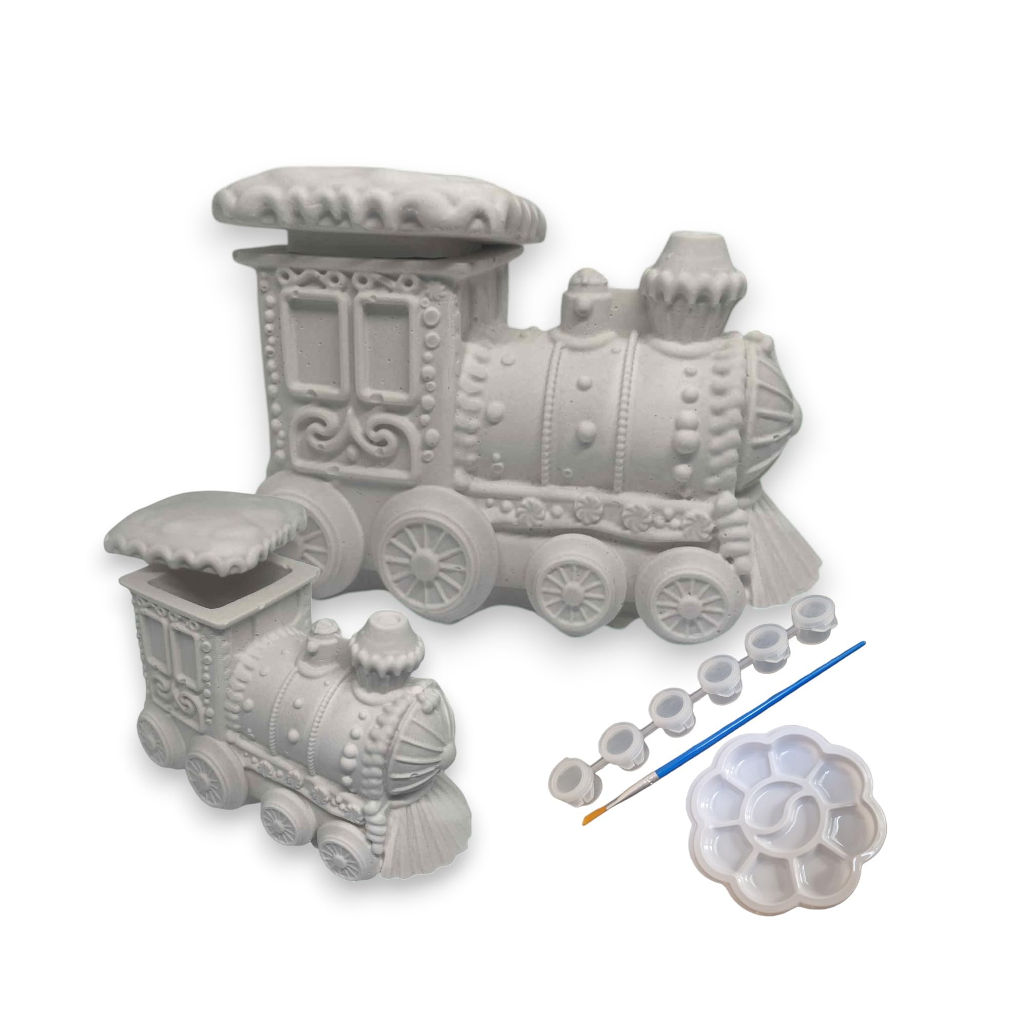 Paint Your Own Pottery Train Trinket Box Set, Plaster of Paris Locomotive with Acrylic Paint, Brush and Palette, 7.8 x 11.6 cm, Ages 6+, Christmas Activity,Locomotive Pottery,Ready to Paint Pottery