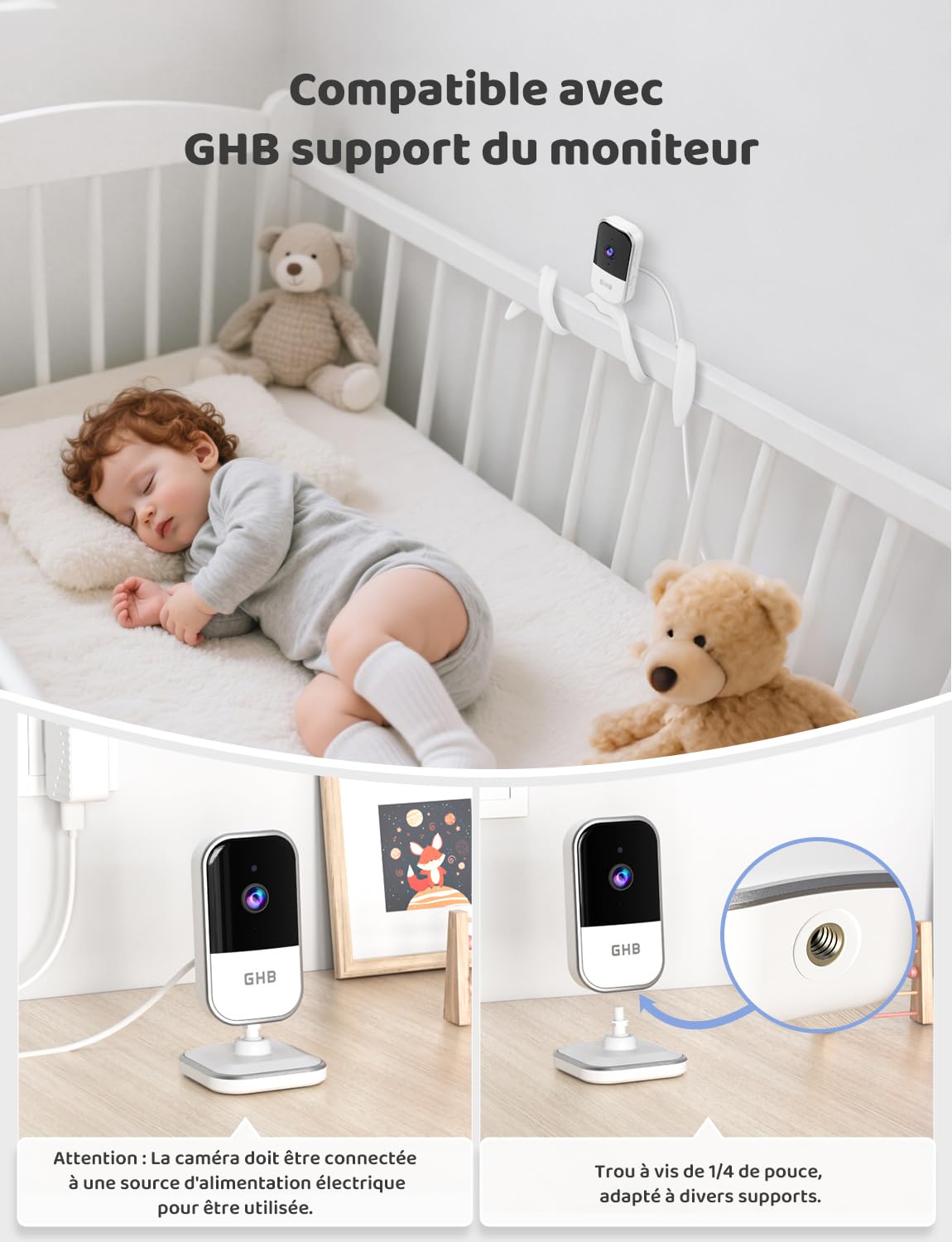 GHB Babyphone Camera 5" Camera Bebe Surveillance 720P HD 5000mAh Écran IPS VOX Capteur de Température Zoom 4X 8 Berceuses Bidirectionnel Volume Réglable sans WiFi