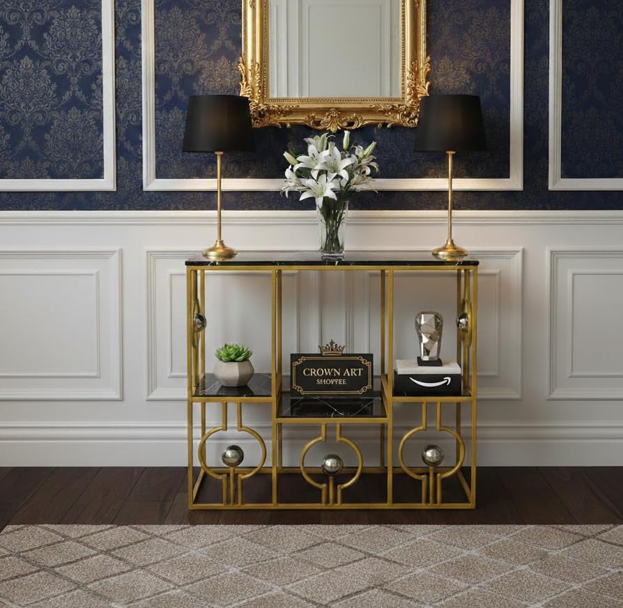 Image of Console Table with Storage, Modern Engineered Wood, Gold Metal Frame with Decorative Spheres, 30x30x7.5 Inch (Black Gold)