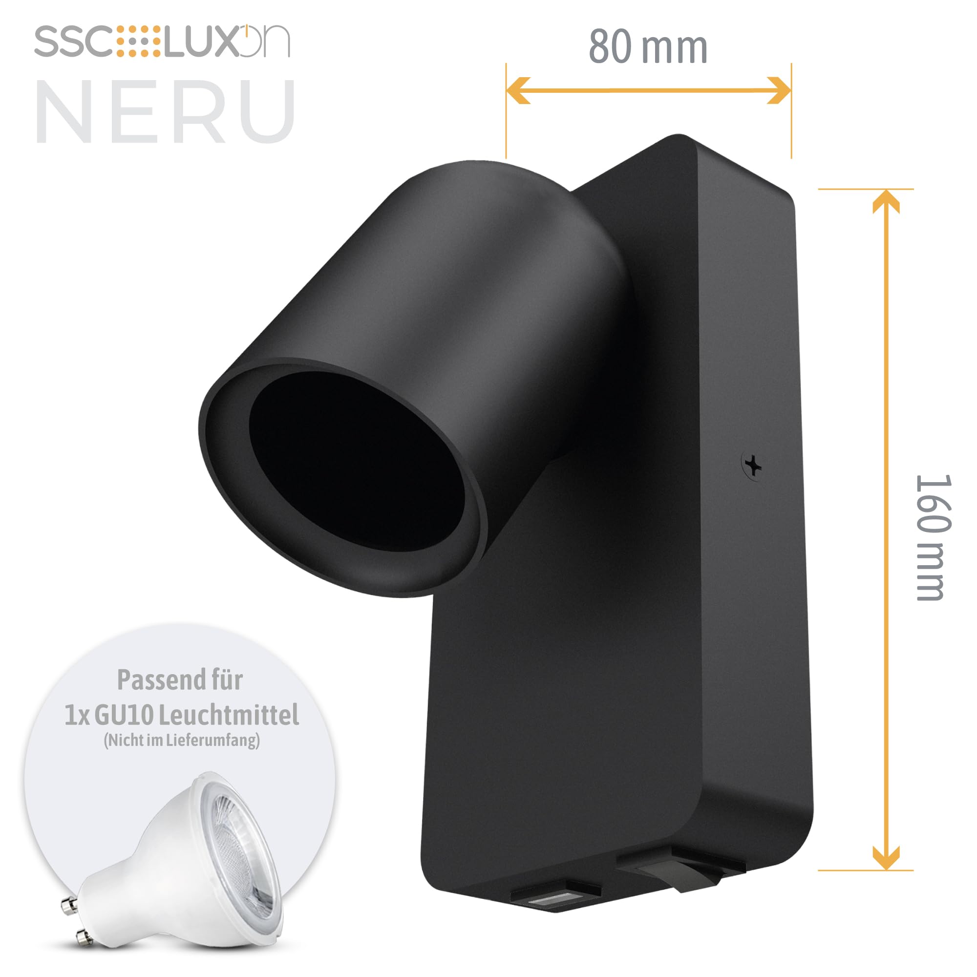 SSC-LUXon NERU 2 sztuki lampa ścienna scandi czarna obrotowa – lampa do czytania sypialnia z przyłączem USB, włącznik światła, oprawa GU10