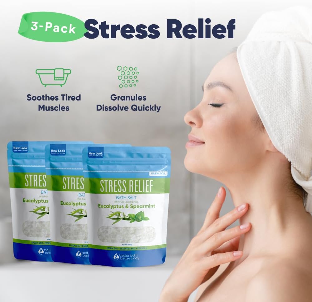 Stress Relief Bath Salt (3 Pack) Epsom Salt Relaxing Bath with Eucalyptus and Spearmint Essential Oils Plus Vitamin C Crystals in BPA Free Pouch Made in USA 2 lbs Pouches 6 Lbs Total