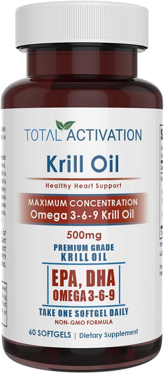 Total Activation Krill Oil Omega 3 6 9 Fatty Acids with Astaxanthin, 1000mg Per 2 Softgels, DHA, EPA, 60 Red Burpless Liquid Softgel Capsules, All Natural, No Fishy Aftertaste
