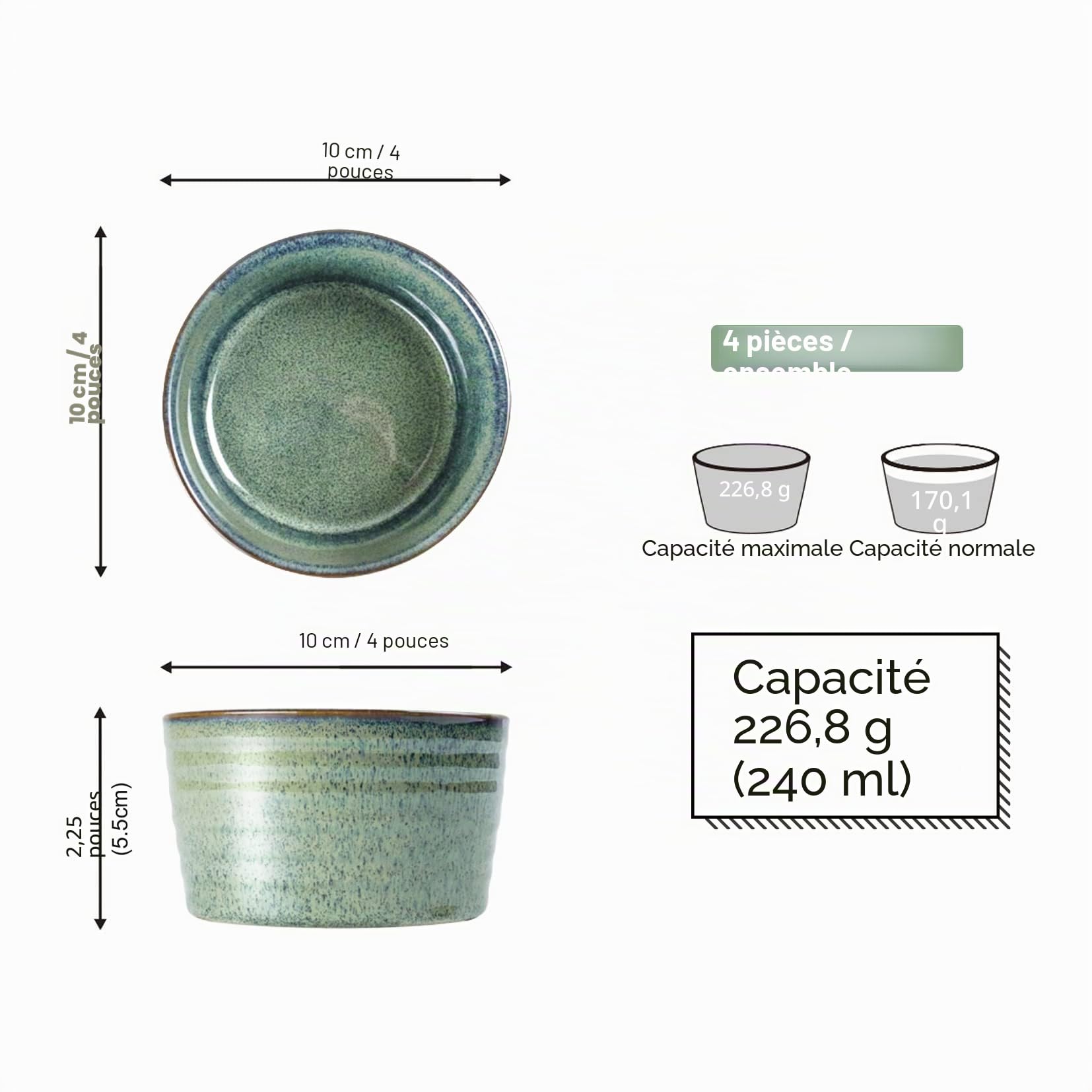 Moules à Pâtisserie, Ramequin Bol à Sauce Tapas Porcelaine Gris, Crème Brulée Muffin Bols de 4 X 240ml, Coupelle à Dessert Parfait pour Soufflé Crème Brulée Muffin, Four Micro-onde Convient - Vert