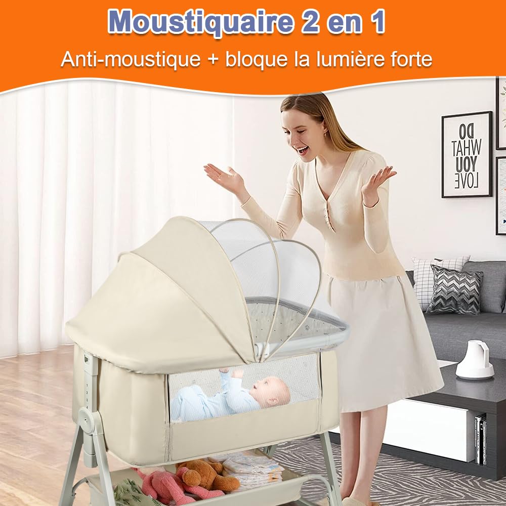 Berceau Cododo pour Bébé 3 en 1, Réglable en Hauteur et Inclinaison, avec Matelas Moelleux et Moustiquaire, 4 Roues, 1-36 Mois Kaki 50x91x68-81cm