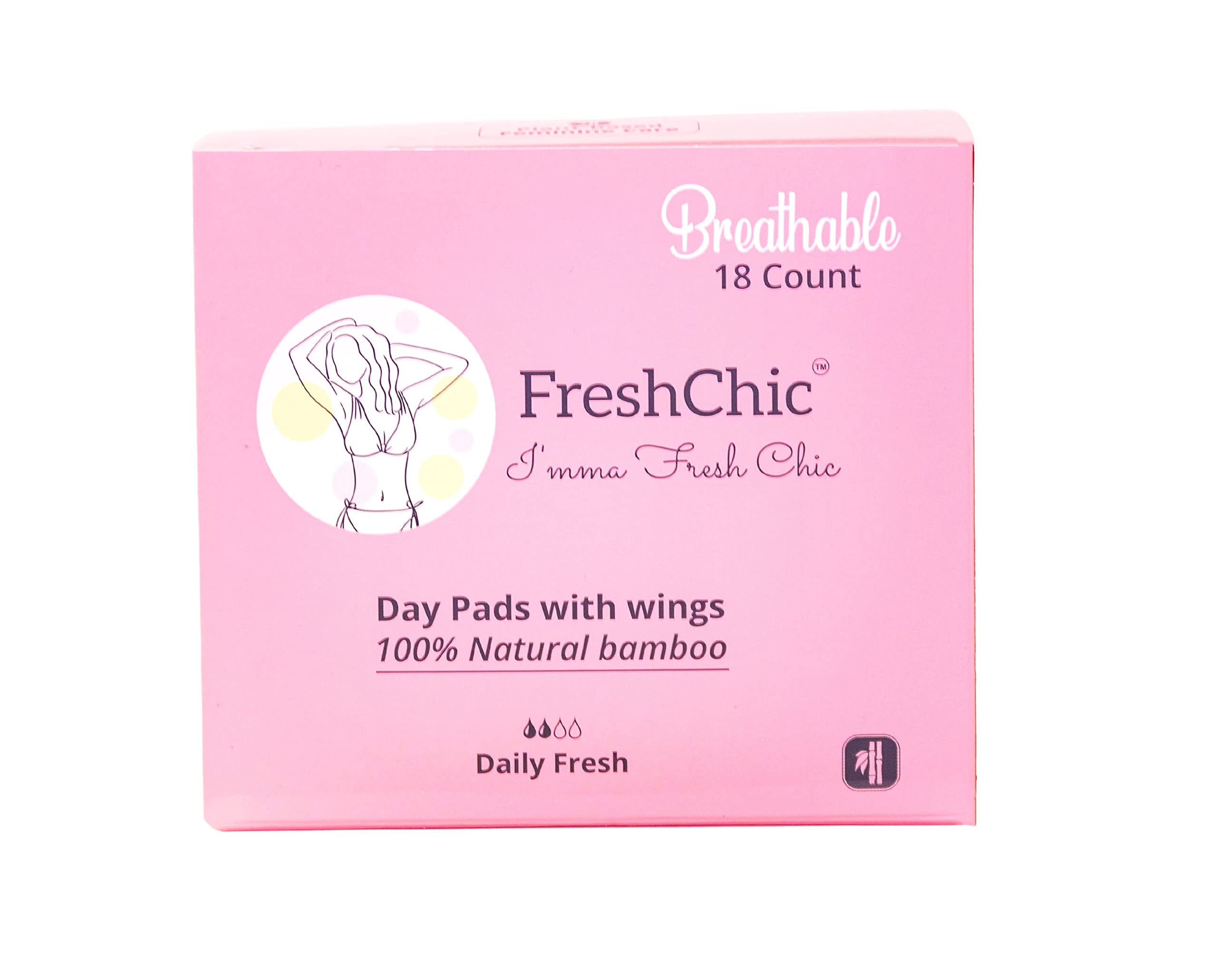 Day Pads with Wings Organic Made with 100% Bamboo Fiber Infused with Bamboo Charcoal Anion chip- 18 Count Regular