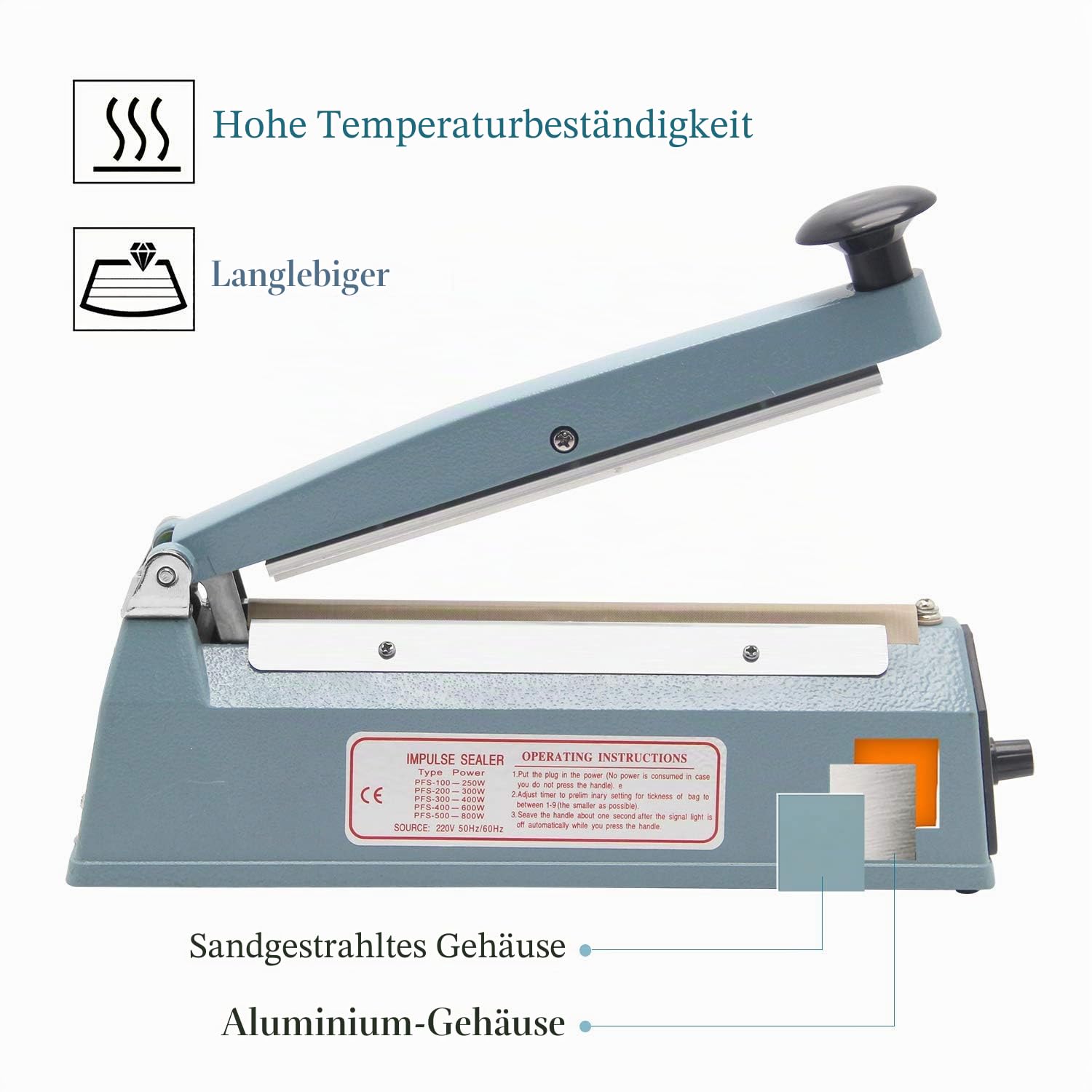 Hanchen Heißsiegelmaschine 200mm (7,8 Zoll) Impuls Schweißgerät Tragbare Folienschweißgerät Handdruckende Verpackungsgerät für PP/PE/PVC/Mylar/Kraft Papier