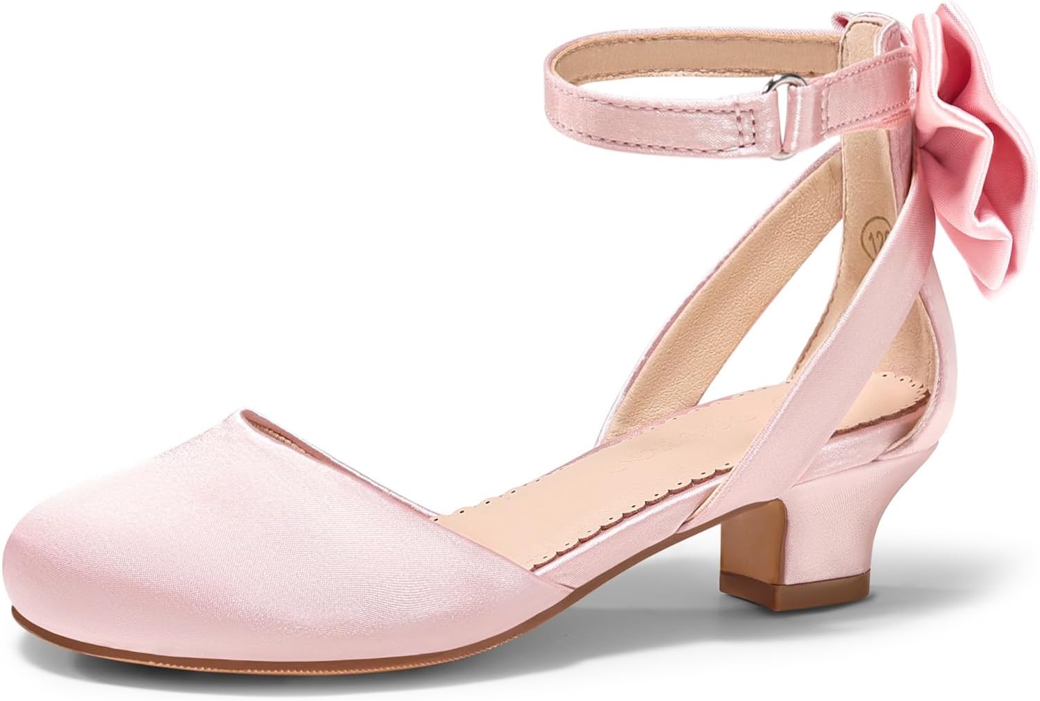 Coutgo Girls Dress Shoes Flower Girl Shoes with Cute Bow Closed Toe Chunky Heel Satin Wedding Party Pumps