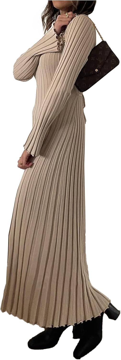 ECDAHICC Women's Sexy Ribbed Knit Sweater Dress Casual Long Sleeve V Neck Bodycon Pleated A Line Long Dress Streetwear - Image 4