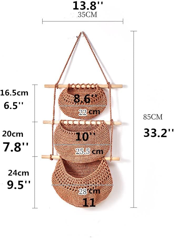 Hanging Fruit Basket ,3 Tier Over the Door Organizer, Handmade Woven Jute Wall Hanging Baskets for Organizing, Wall Basket Decor, Storage baskets for kitchen.. (Brown)