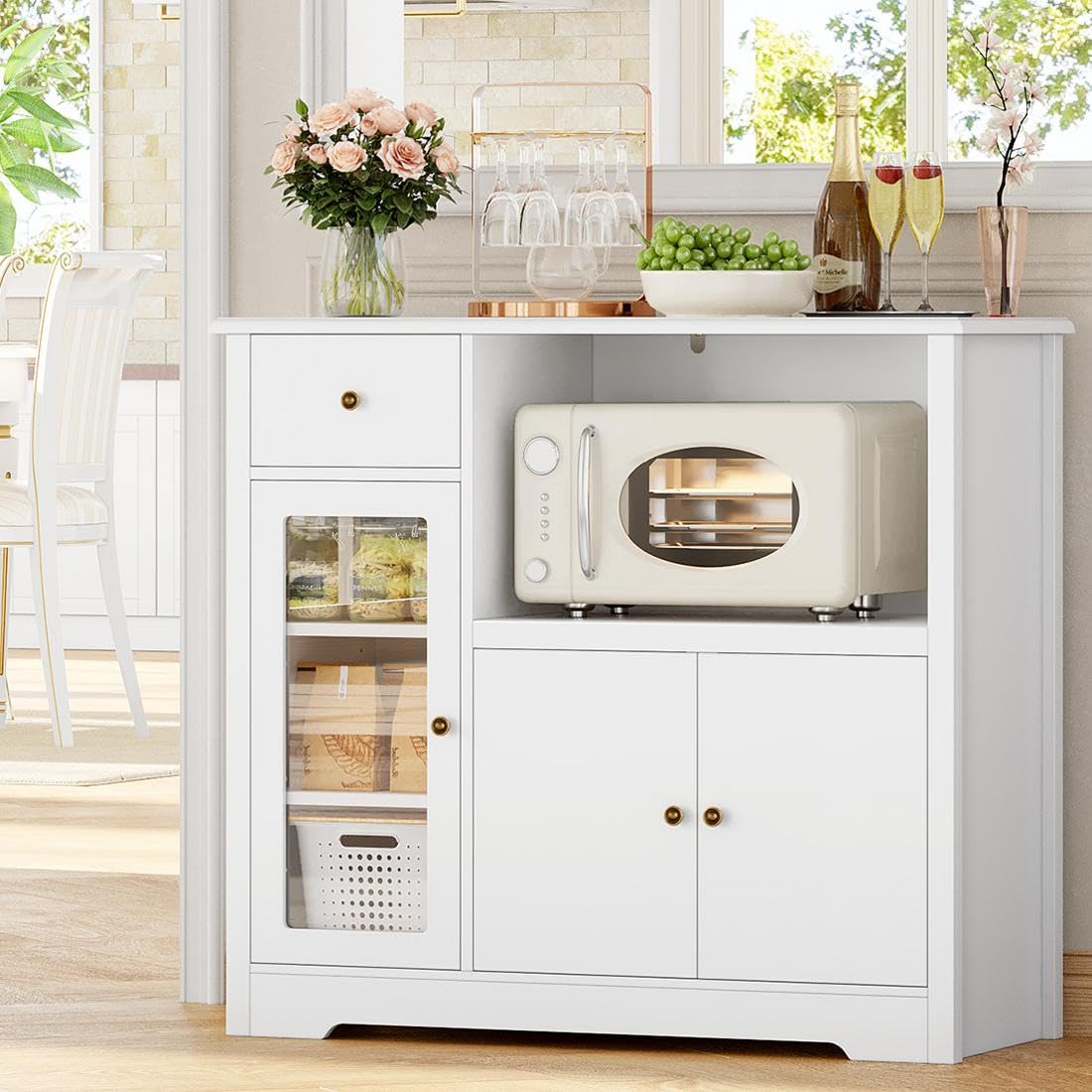 HOCSOK Aparador Cocina para Microondas Alacena de Cocina con 3 Estantes Puertas y Cajones Mueble de Almacenamiento para Cocina y Comedor de Madera Blanco 90 x 40 x 82 cm