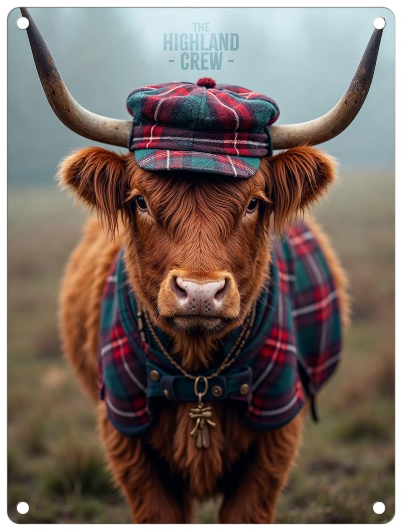 The Original Metal Sign Cow With Tartan Cap Small (150 X 200Mm) Metal Sign - The Highland Crew