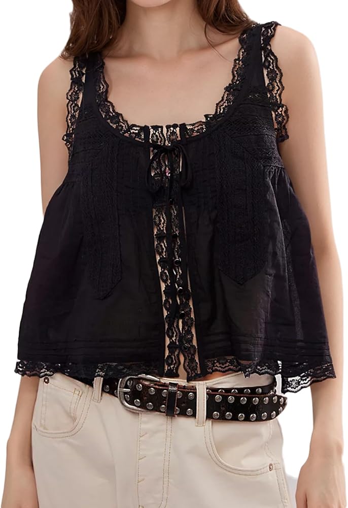 Women Lace Trim Vest Tank Tops Semi Sheer Tie Button Front Crop