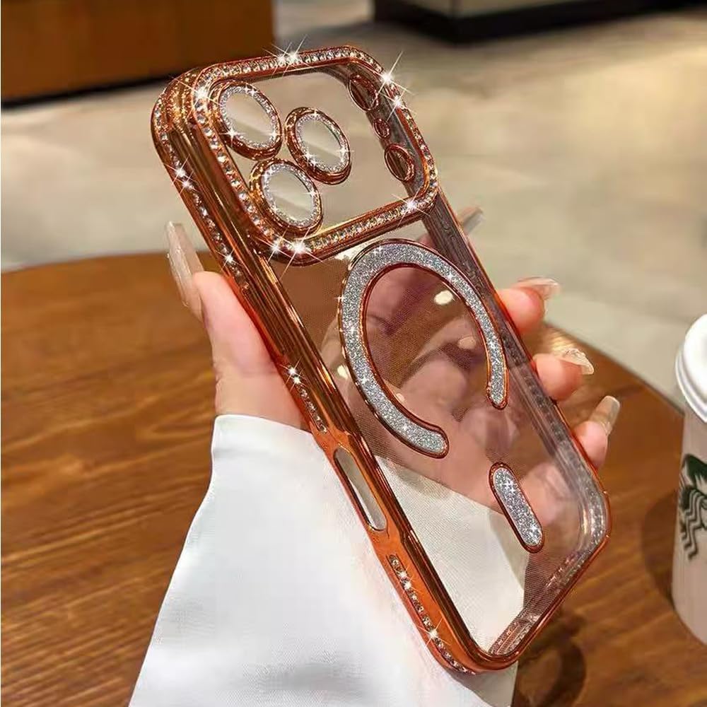 QSIETSPY Magnetic Case for iPhone 17 Pro Max 6.9[Compatible with MagSafe] with Sparkle Diamond Camera Protection Shockproof Clear Cute Glitter Bling Phone Case for iPhone 17 ProMax,Orange