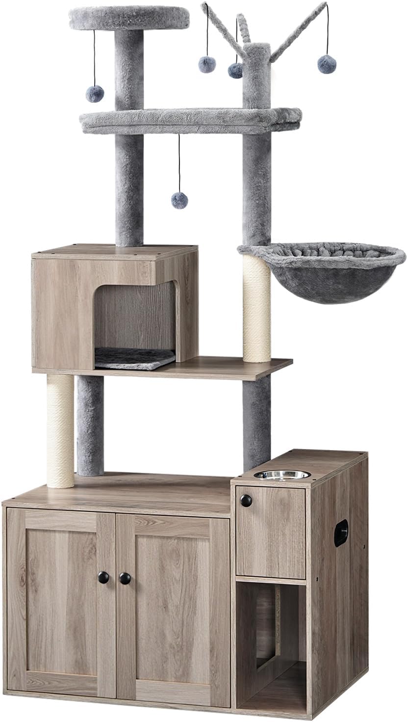 HOOBRO Cat Tree with Litter Box Enclosure, 68.9" H Cat Tower with Food Bowl and Storage, Hidden Litter Enclosure Furniture, All-in-One Modern Cat Condo, with House, Hammock and Perch, Greige BG80MZ03