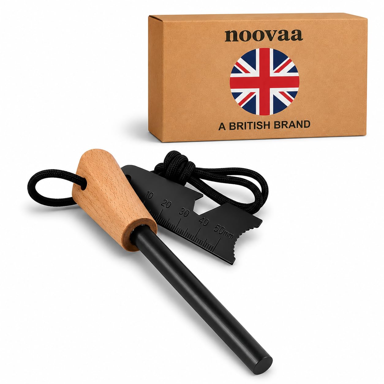 Noovaa Grey Magnesium Flint And Steel, 7-In-1 Fire Starter With Solid Wood Handle, 10,000 Sparks, Survival Lighter Set For Camping, Hiking, Bushcraft, Outdoor
