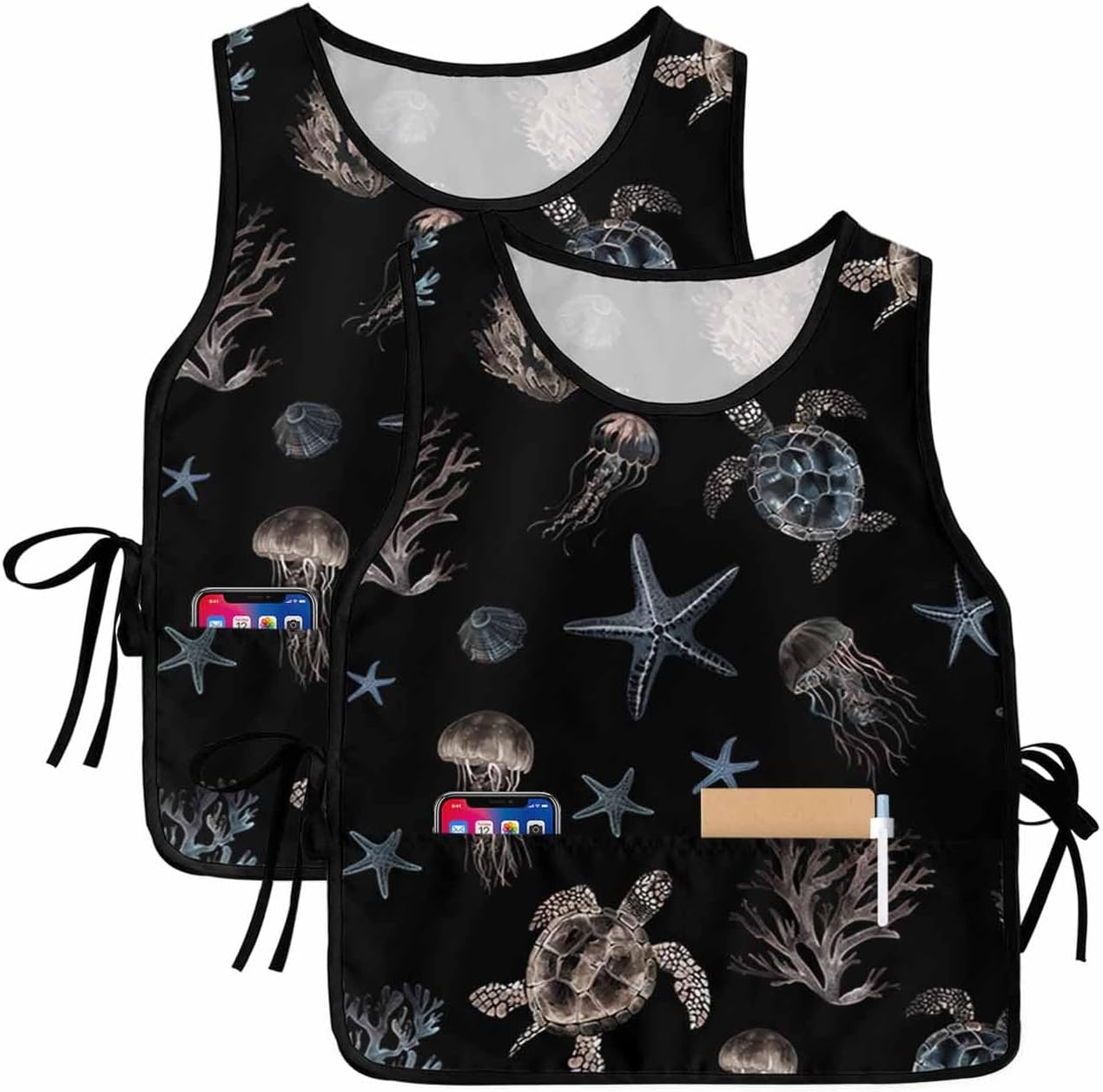 Black Coastal Cobbler Aprons with 2 Large Pockets, Nautical Summer Beach Sea Turtle Starfish Cobbler Smock Apron