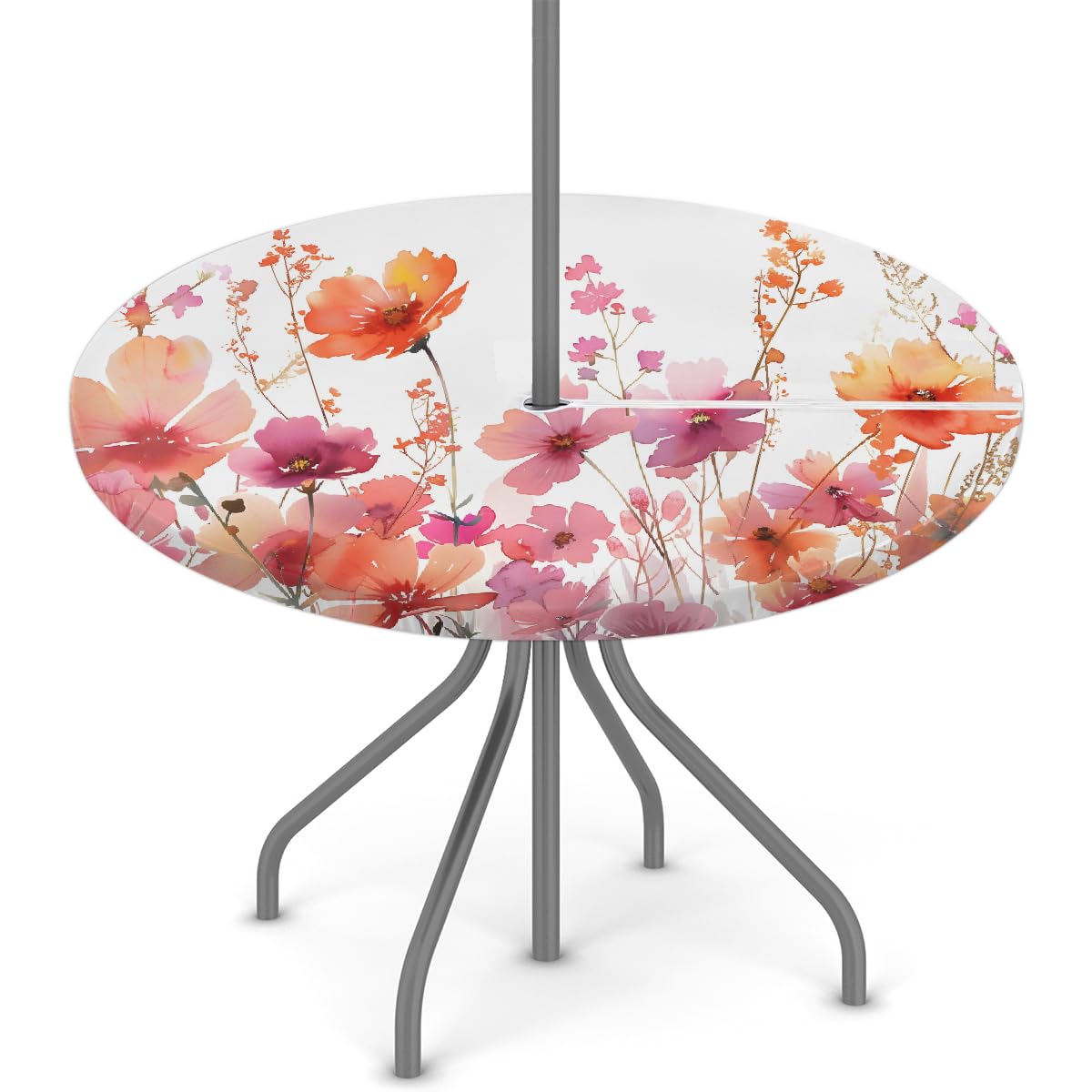 Round Garden Table Cloth With Parasol Hole, Outdoor Circular Fitted Tablecloth With Zipper Colorful Wild Flowers Waterproof Elastic Edged Table Cover for Party Picnic, Fit for 36"-44" Round Tables