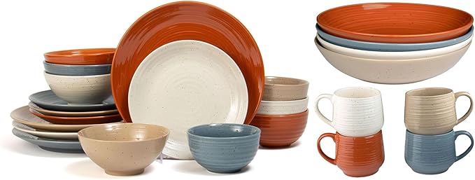Sango Siterra Painter's Palette 24-Piece Stoneware Dinnerware Set – Service for 4, Multicolor with Unique Flecked Design, Perfect for Everyday Dining & Entertainment, Microwave & Dishwasher Safe