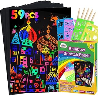ZMLM Scratch Paper Art Set: 59Pcs Magic Drawing Art Craft Kid Black Scratch off Paper Supply Kit Toddler Preschool Learning Bulk Toy for Age 3 4 5 6 7 8 9 10 Girl Boy Holiday|Party Favor|Birthday Gift