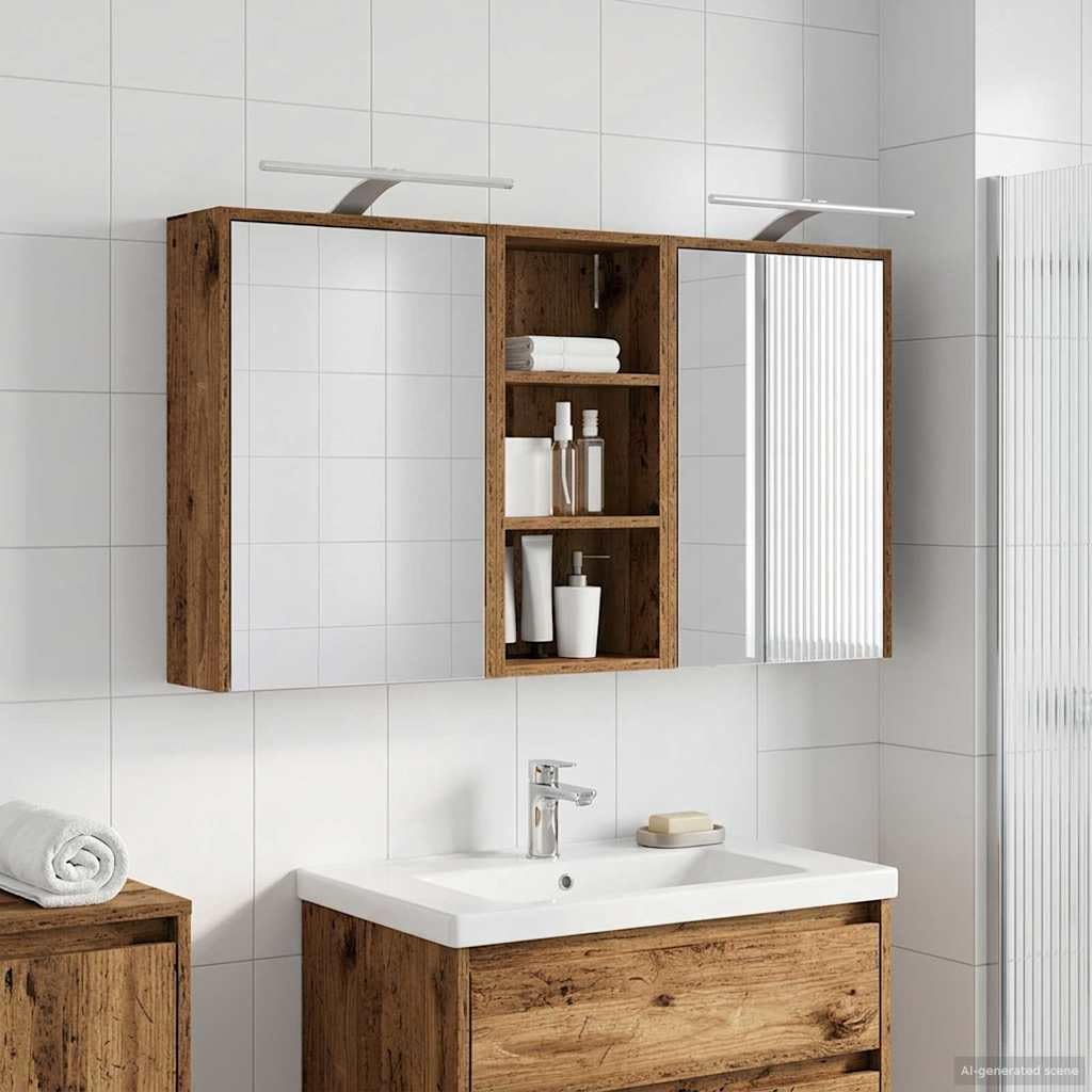 3-częściowy zestaw szafek łazienkowych z oświetleniem LED 116 x 16 x 62,5 cm, montaż na ścianie, miejsce do przechowywania i półka na meble łazienkowe, umywalkę, szafka pod umywalkę, zajmuje