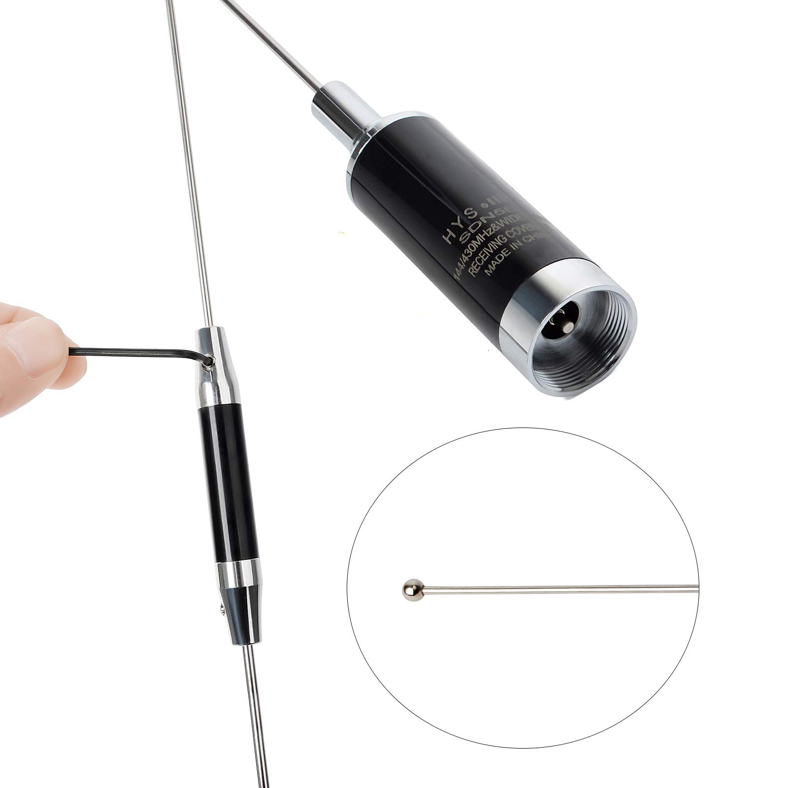 HYS Amateur Antenne double bande NMO 37,9" VHF 136-174/UHF 400-470 MHz (144/430 MHz) avec trou en L en acier inoxydable et câble coaxial RG-58 d'environ 4 m pour radio FM mobile