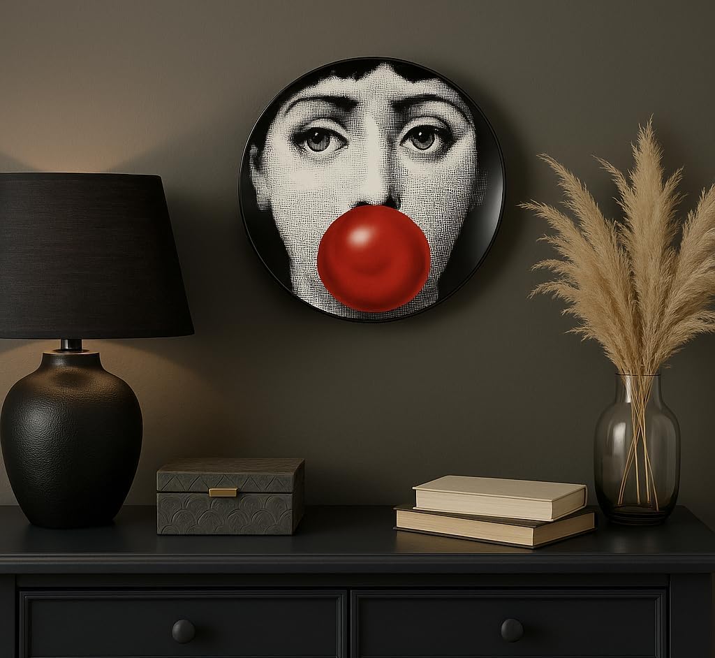 AlphaDesignLuxe 10" Italian-Style Decorative Plate – Modern Art Face Design, Handcrafted Ceramic Platter for Tabletop or Wall Display (Bubble Gum)