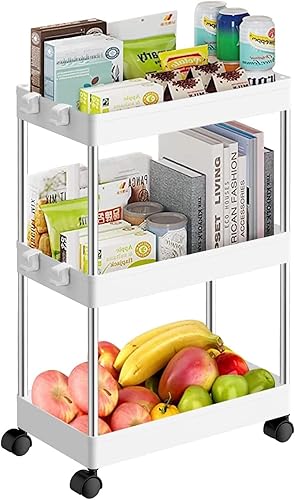 Carrito rodante, carrito de almacenamiento delgado de 3 niveles con 4 ganchos y ruedas, unidad de estantería móvil, organizador de baño, carrito