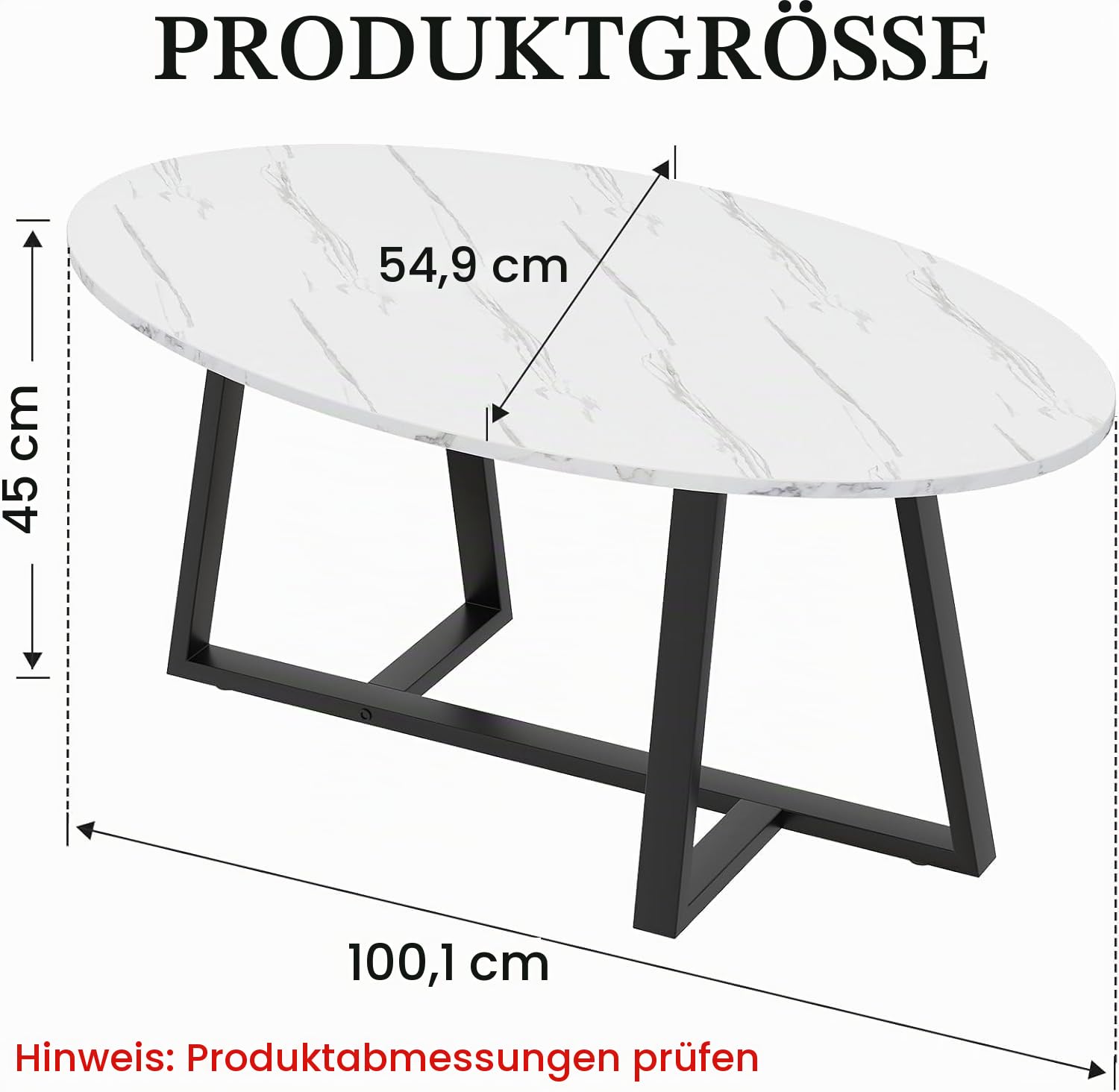 Huhote Couchtisch, Wohnzimmertisch mit Metallgestell, Satztisch, Oval Wohnzimmertisch, Sofatisch, Beistelltisch, Kaffetisch, Teetisch, Wohnzimmer möbel für Büro, 100 x 55 x 45 cm, Schwarz