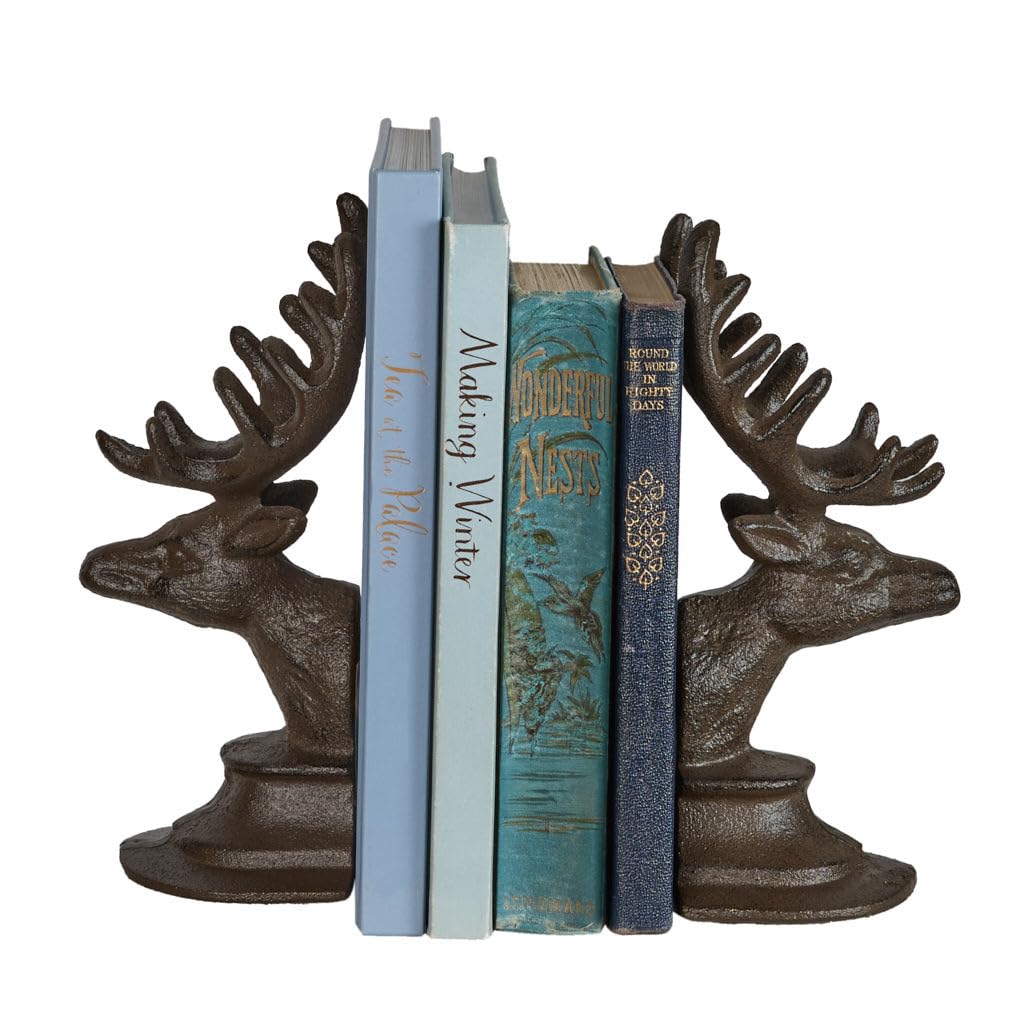 Stag Book Ends Set of 2 Cast Iron Vintage Style Deer Bookshelf Décor Bookends for Shelves Fathers Day Readers Gift Present Idea