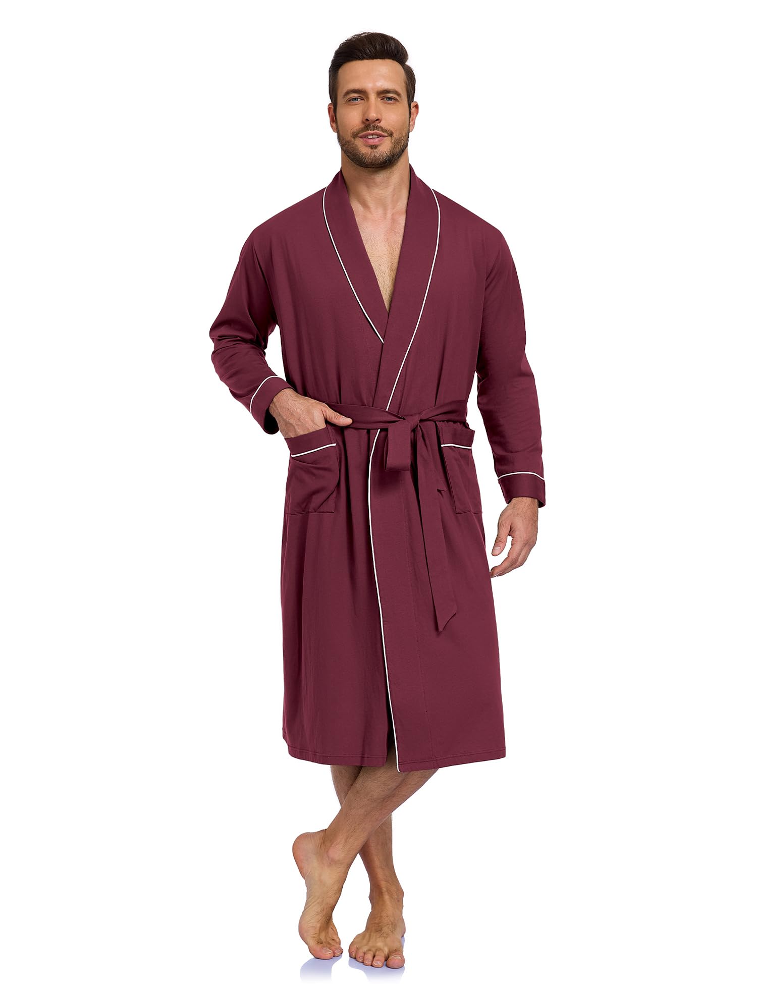 COLORFULLEAF Men's 100% Cotton Summer Robe Lightweight Long Bathrobe Breathable Knit Sleepwear Spa Robe with Pockets