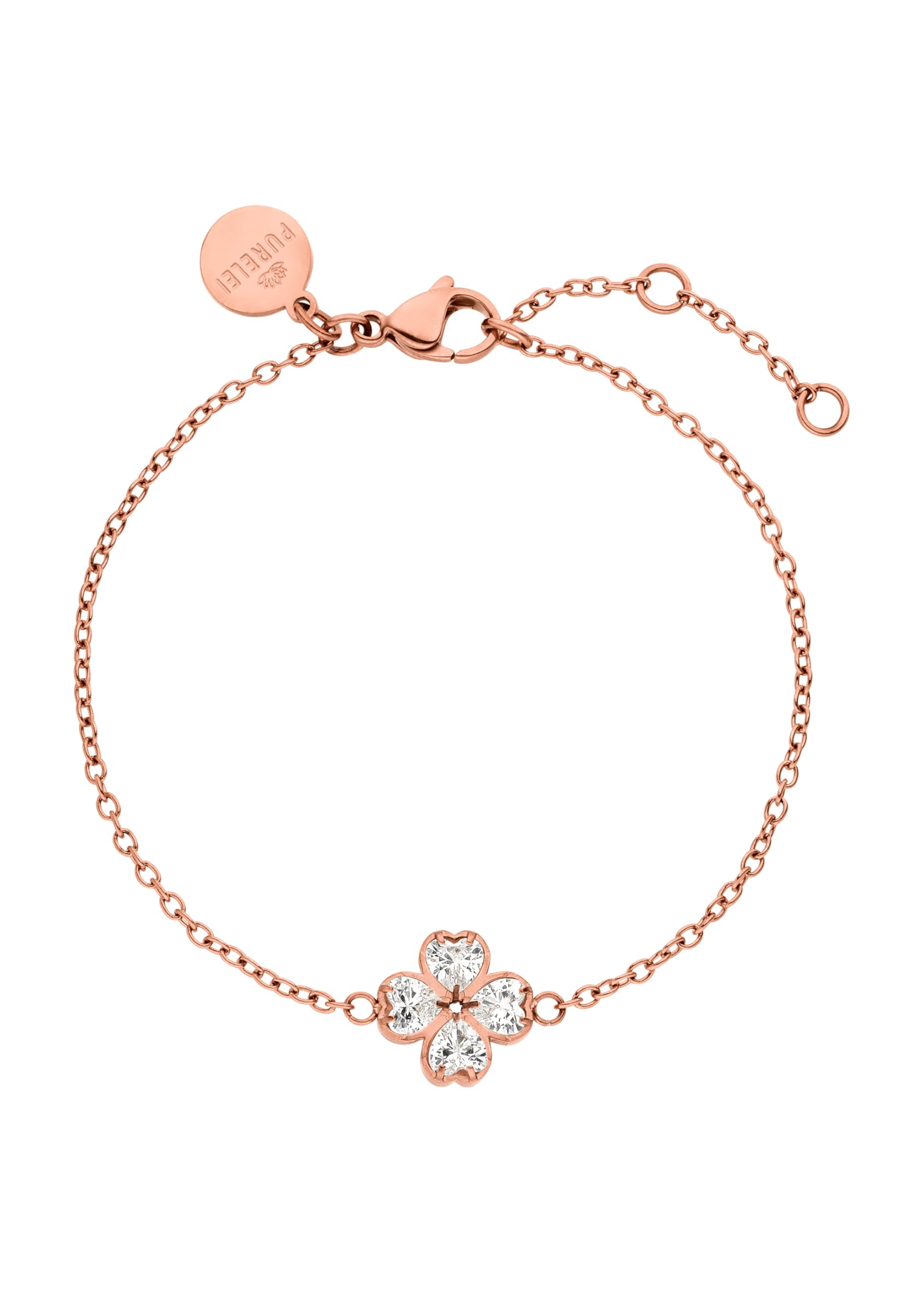 Purelei Bracciale Cuore Con Quadrifoglio In Zirconia Cubica - Acciaio Inox, Oro Rosa O Argento, Regolabile