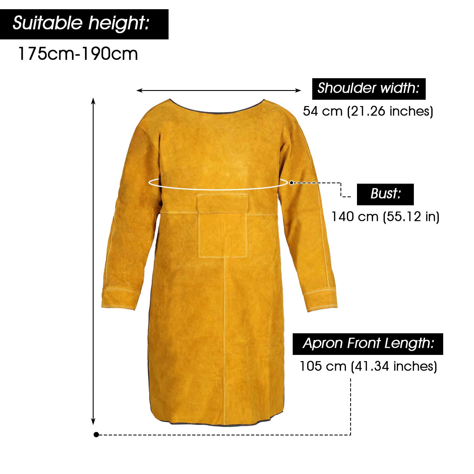 ENJOHOS Delantal de soldadura integrado para soldadura Esparcidor de fuego de cuero Delantal accesorio de soldadura por salpicadura antitermal Soporte de herramienta de fuego amarillo 105 cm