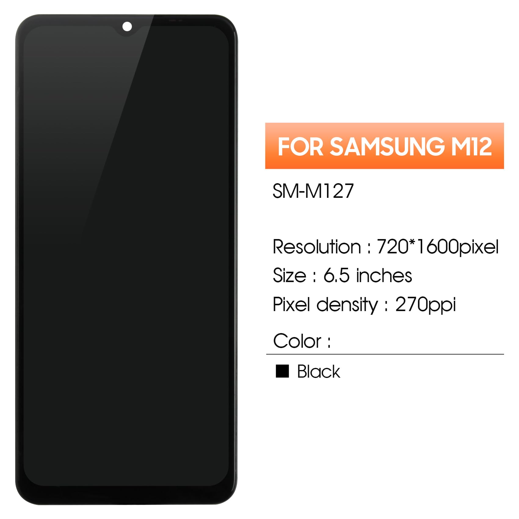Pantalla LCD para Samsung Galaxy M12 LCD Pantalla para Galaxy M12 SM-M127F/DSN de 6,5 Pulgadas Display Screen Replacement Digitalizador Pantalla Táctil con Herramientas (Negro con Marco)